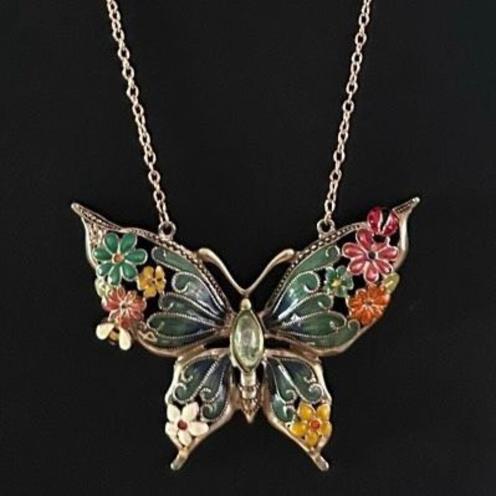Betsey Johnson Butterfly Pendant Necklace 24" Gold-tone Enameled Hand-Painted - Picture 4 of 8